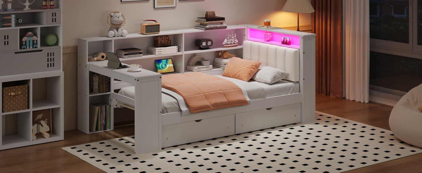 Wood Twin Size Platform Bed with Storage Shelves, Drawers, and LED