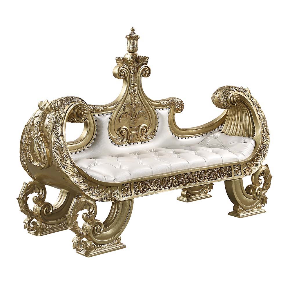 Bernadette - Bench - White Synthetic Leather Fabric & Gold