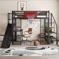 Full Size Metal Loft Bed with Built-in Desk, Open Wardrobe, Basketball Hoop, Slide and Staircase