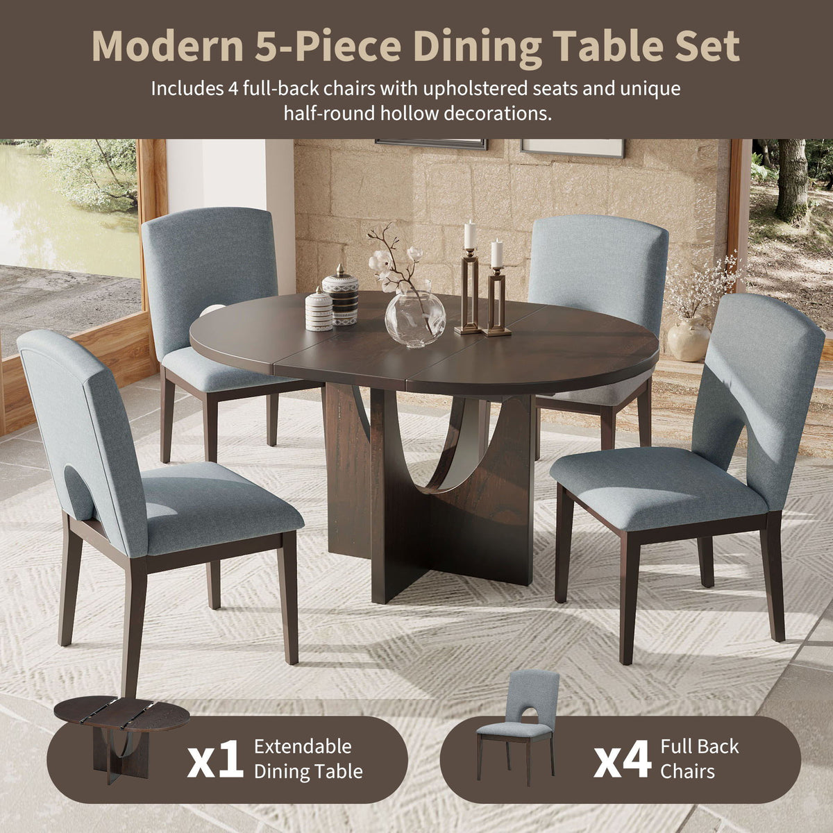 Topmax - 5 Piece Modern Extendable Round Dining Table Set With Removable Leaf For Small Places - view 7