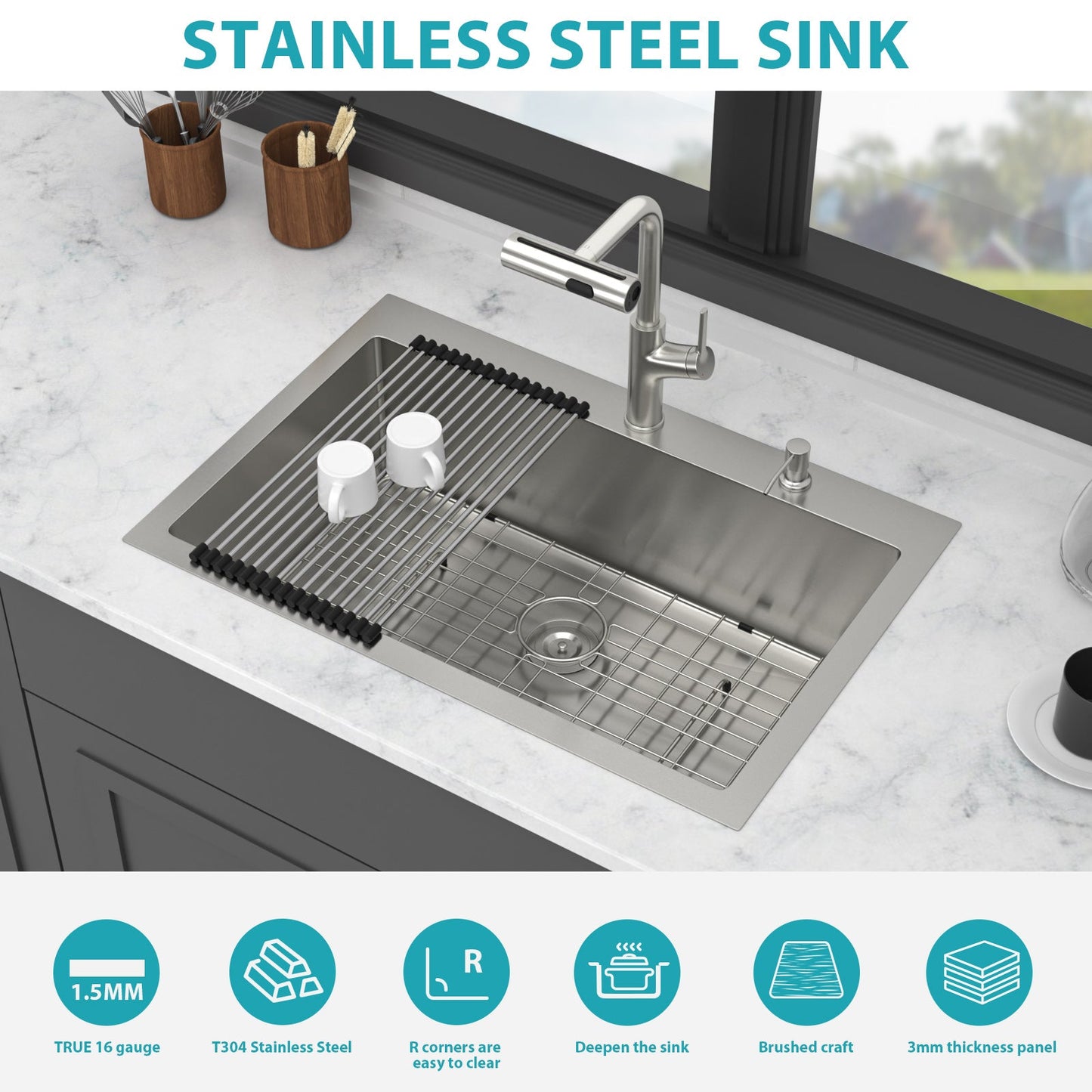 30" Drop-in Kitchen Sink with Pull-out Faucet and Soap Dispenser