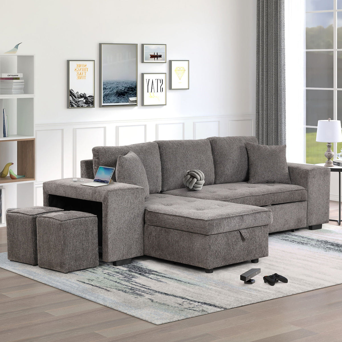 Modern L-Shape 3 Seat Reversible Sectional Couch, Pull Out Sleeper Sofa With Storage Chaise And 2 Stools For - view 6