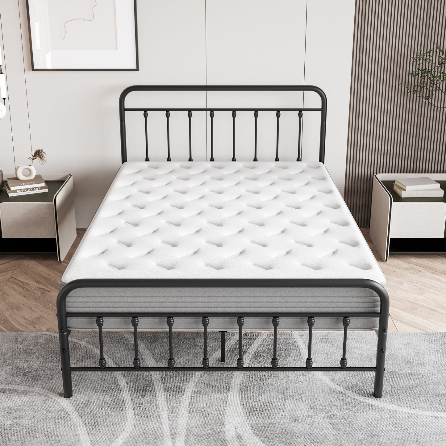 Metal Platform Bed Frame with Victorian Style Headboard