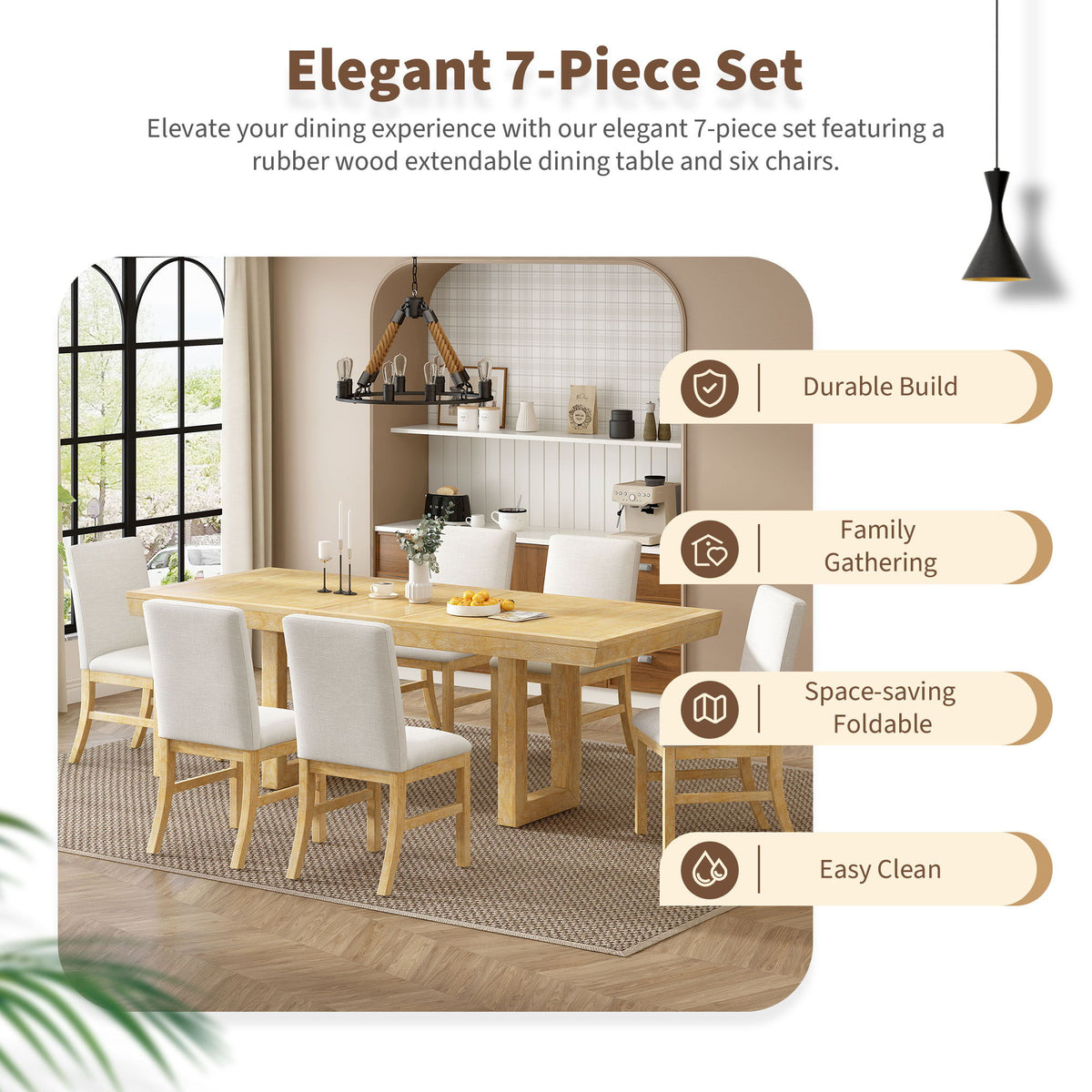 Topmax - 7 Piece Traditional Extendable Dining Table Set With Butterfly Leaf And 6 Upholstered Dining Table - view 6