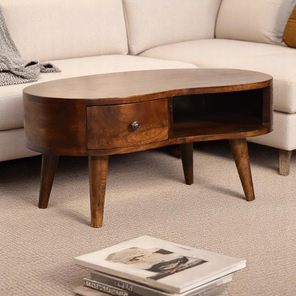 Solid Wood Mini Chestnut Wave Coffee Table with Drawer - Chestnut Finish