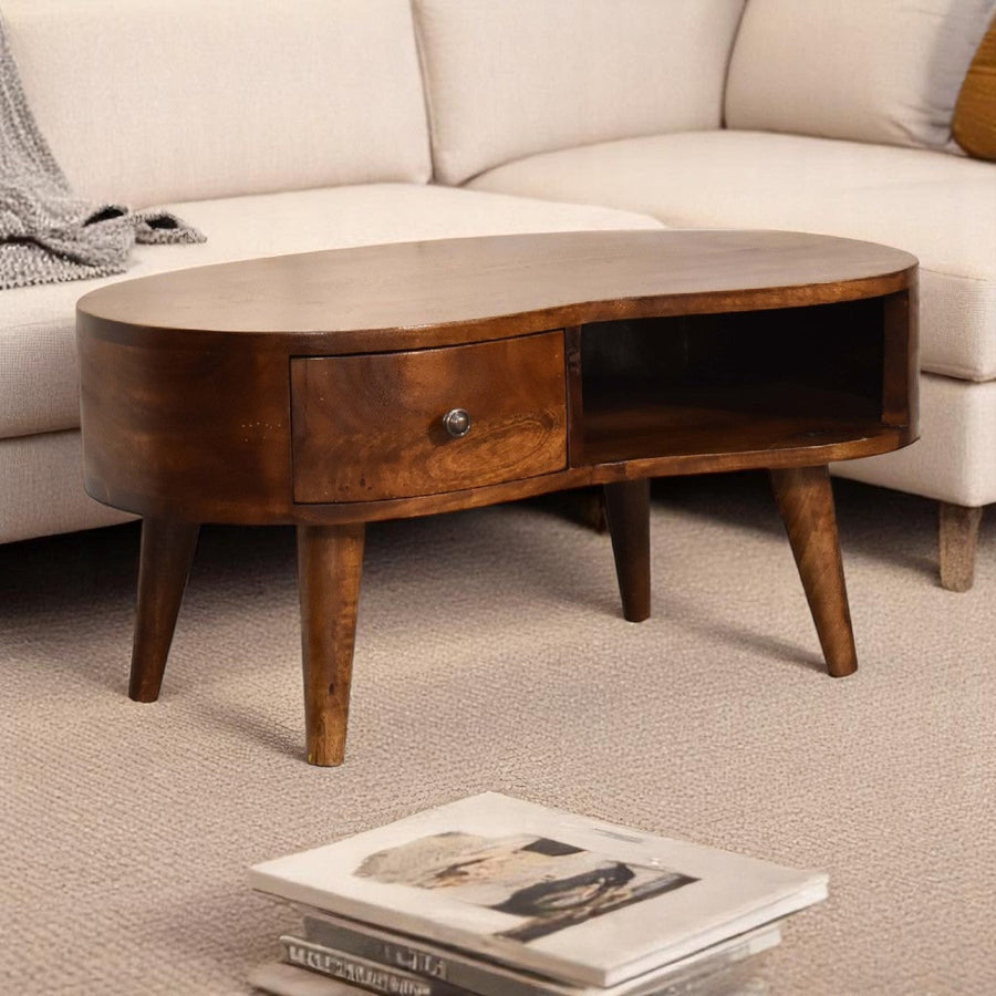 Solid Wood Mini Chestnut Wave Coffee Table with Drawer - Chestnut Finish