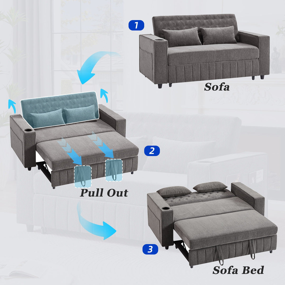 Pull-Out Sofa Bed Convertible Couch With Adjustable Backrest For Living Room - view 6