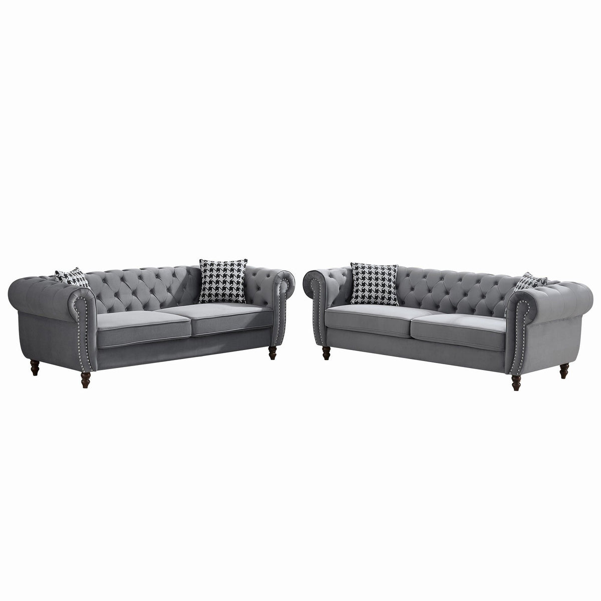 Chesterfield Upholstery Fabric Sofa With Roll Armrest & Nailhead, Mid Century Modern 3 And 3 Seater Couch - view 2