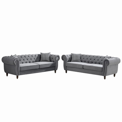 Chesterfield Upholstery Fabric Sofa With Roll Armrest & Nailhead, Mid Century Modern 3 And 3 Seater Couch - view 2