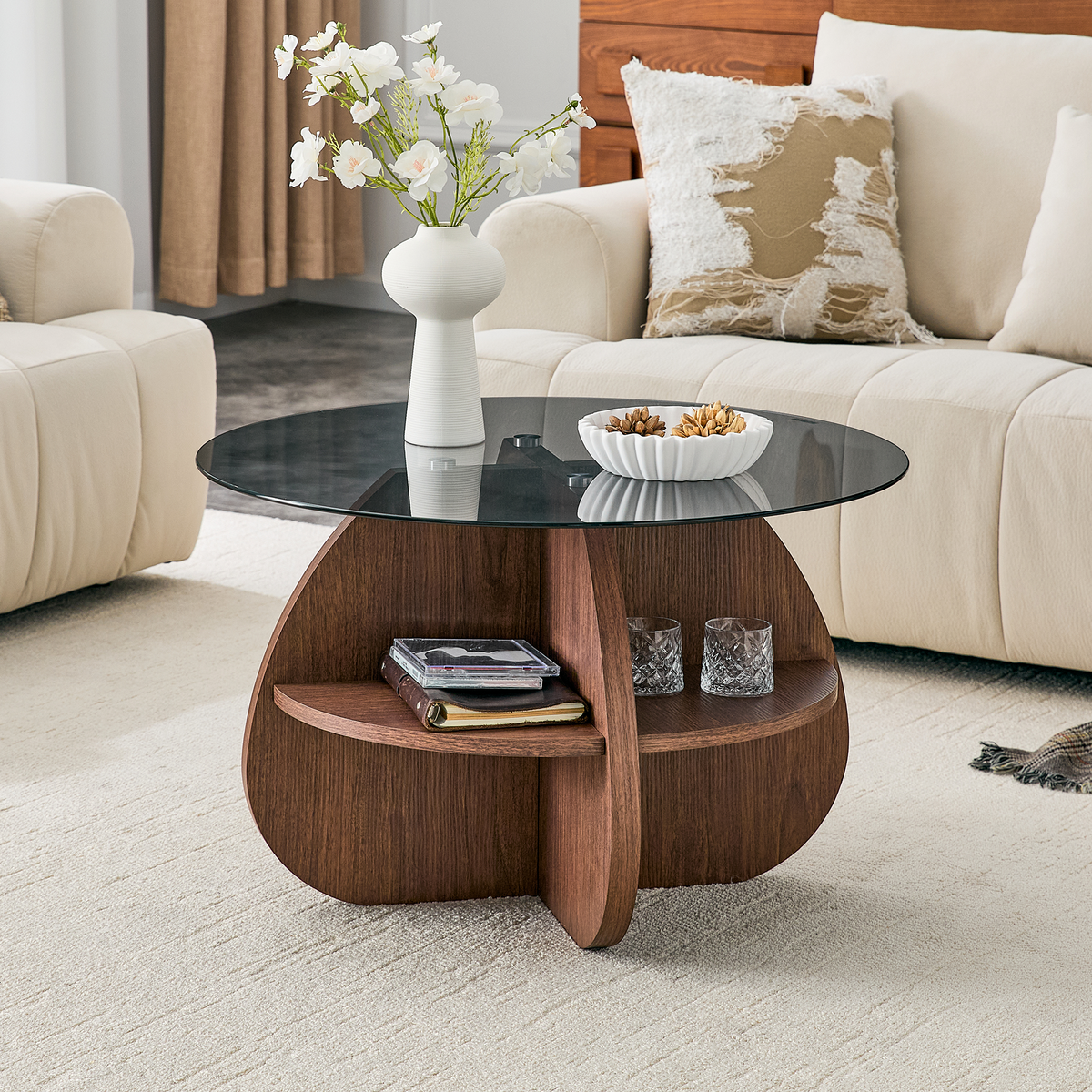 Creative Cross-Structure Round Coffee Table with Glass Top - Walnut Finish