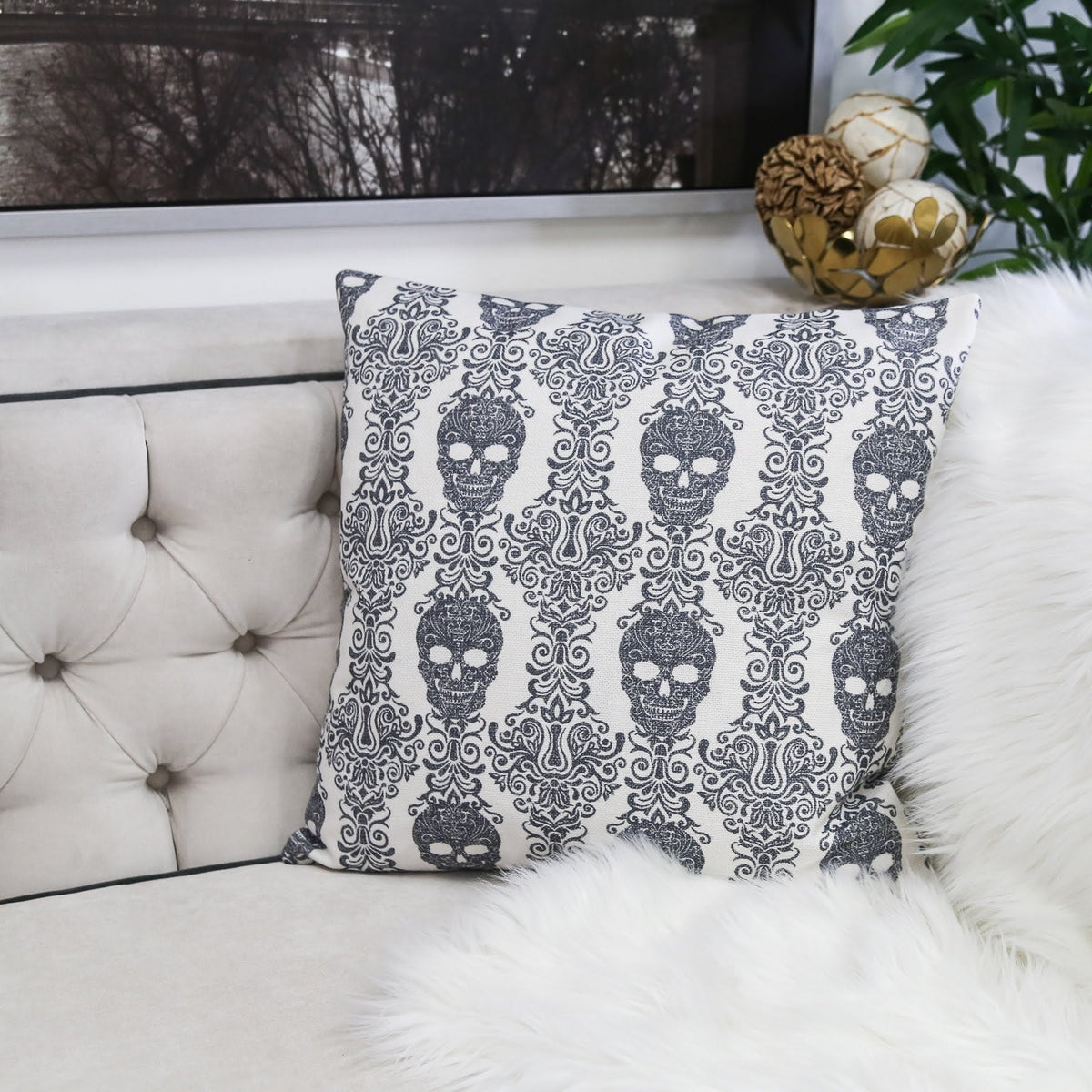 Gothic Damask Skull Throw Pillow – Black & White Cotton Linen