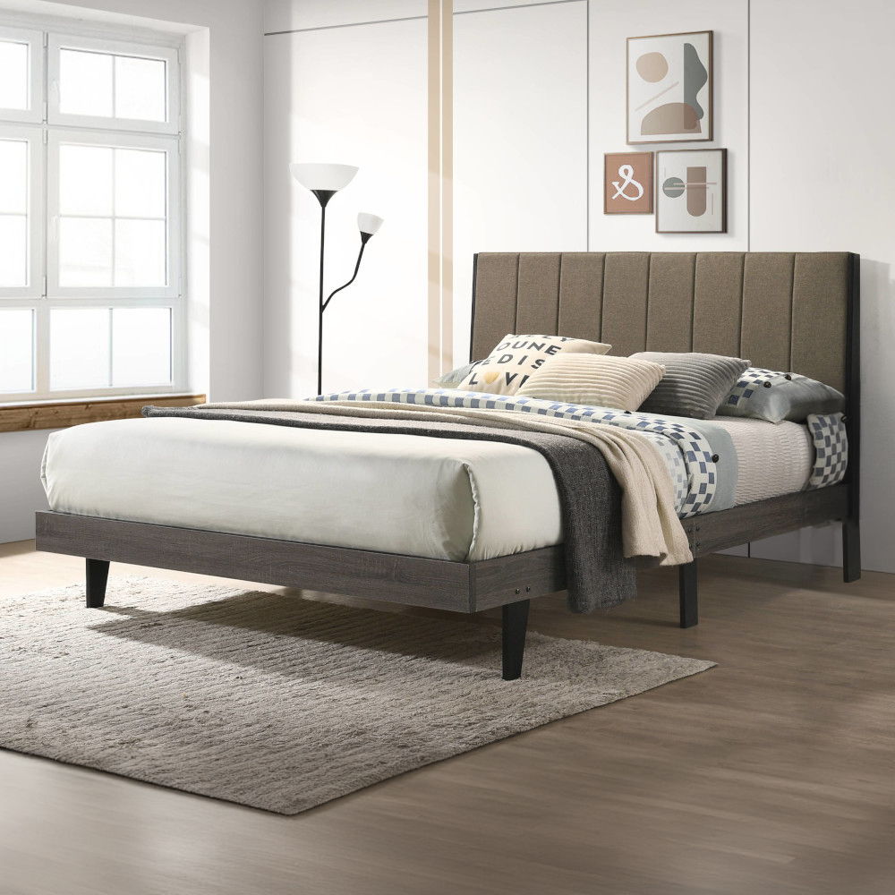 Valdemar - Queen Bed - Brown Fabric & Weathered Gray