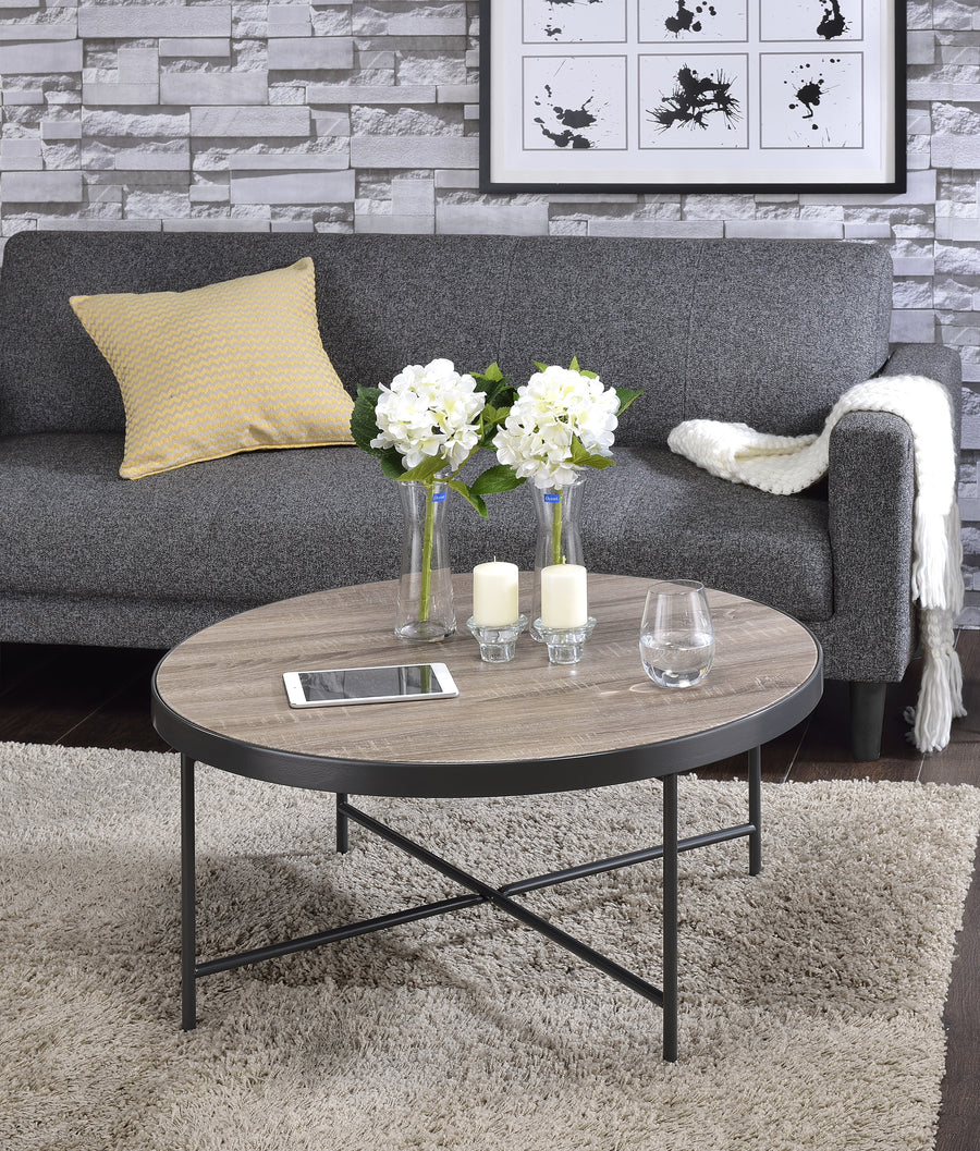 Weathered Round Coffee Table with Metal Trim - Oak