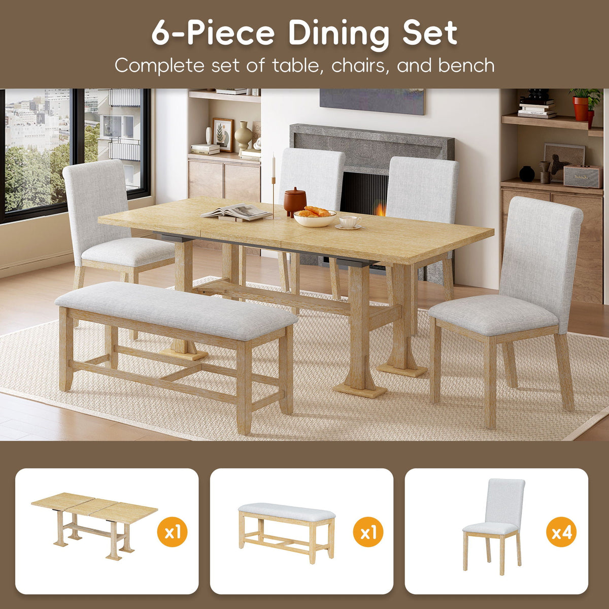 Topmax - 6 Piece Farmhouse Extendable Dining Table Set Trestle Kitchen Table Set With Removable Leaf And - view 5