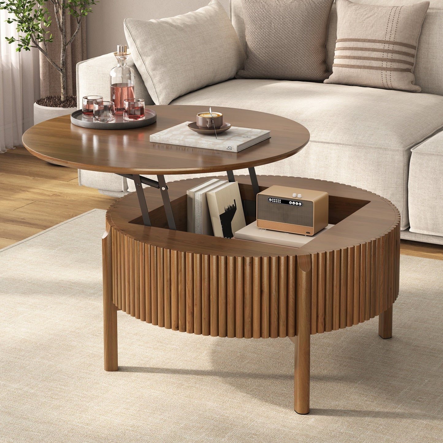Round Lift Top Coffee Table with Hidden Storage