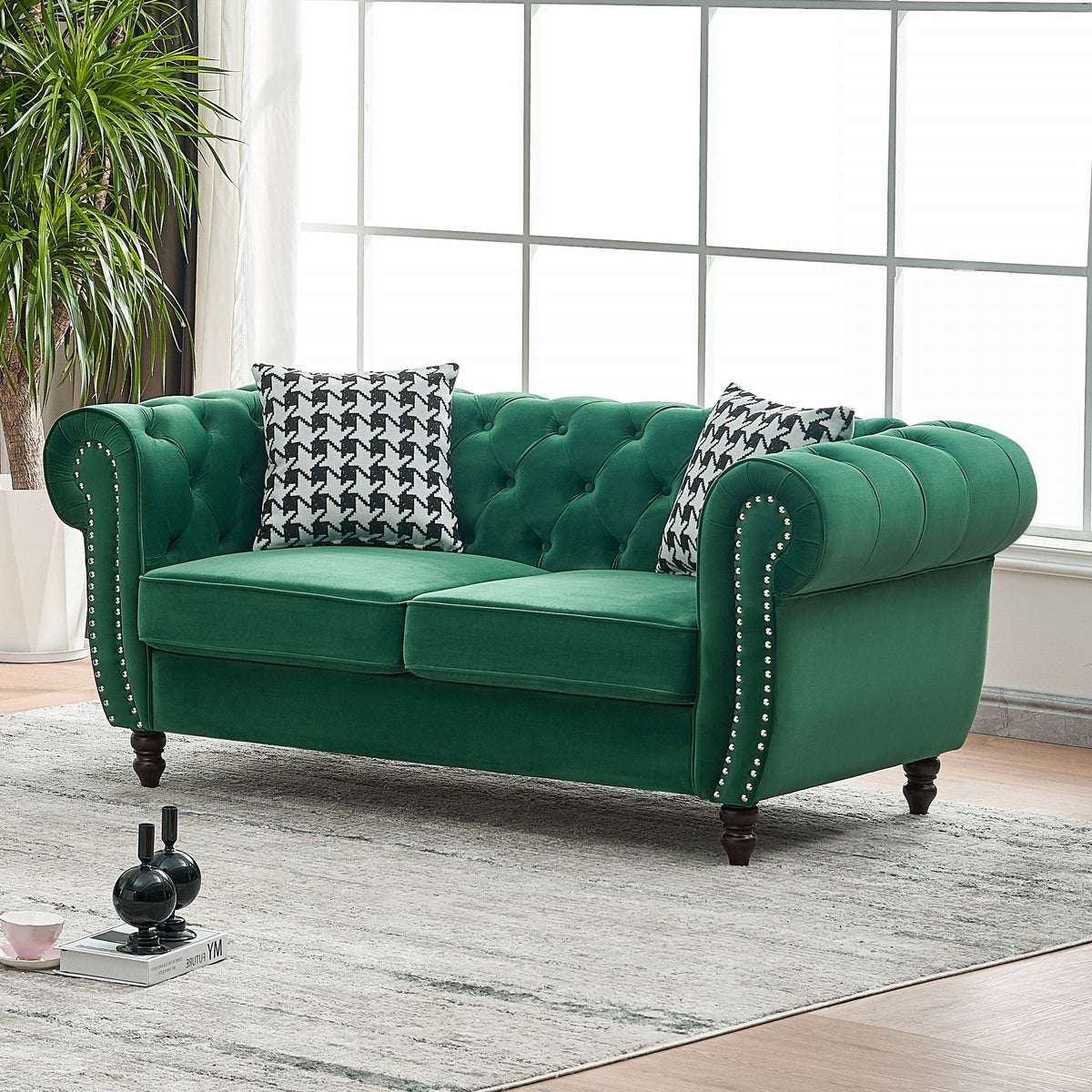 Chesterfield Fabric Sofa With Roll Armrest And Nailhead, Mid Century 2 Seater Couch - view 3