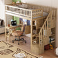 Wood Twin Size Loft Bed with Built-in Desk, LED, Storage Shelves, Cabinets and Staircase