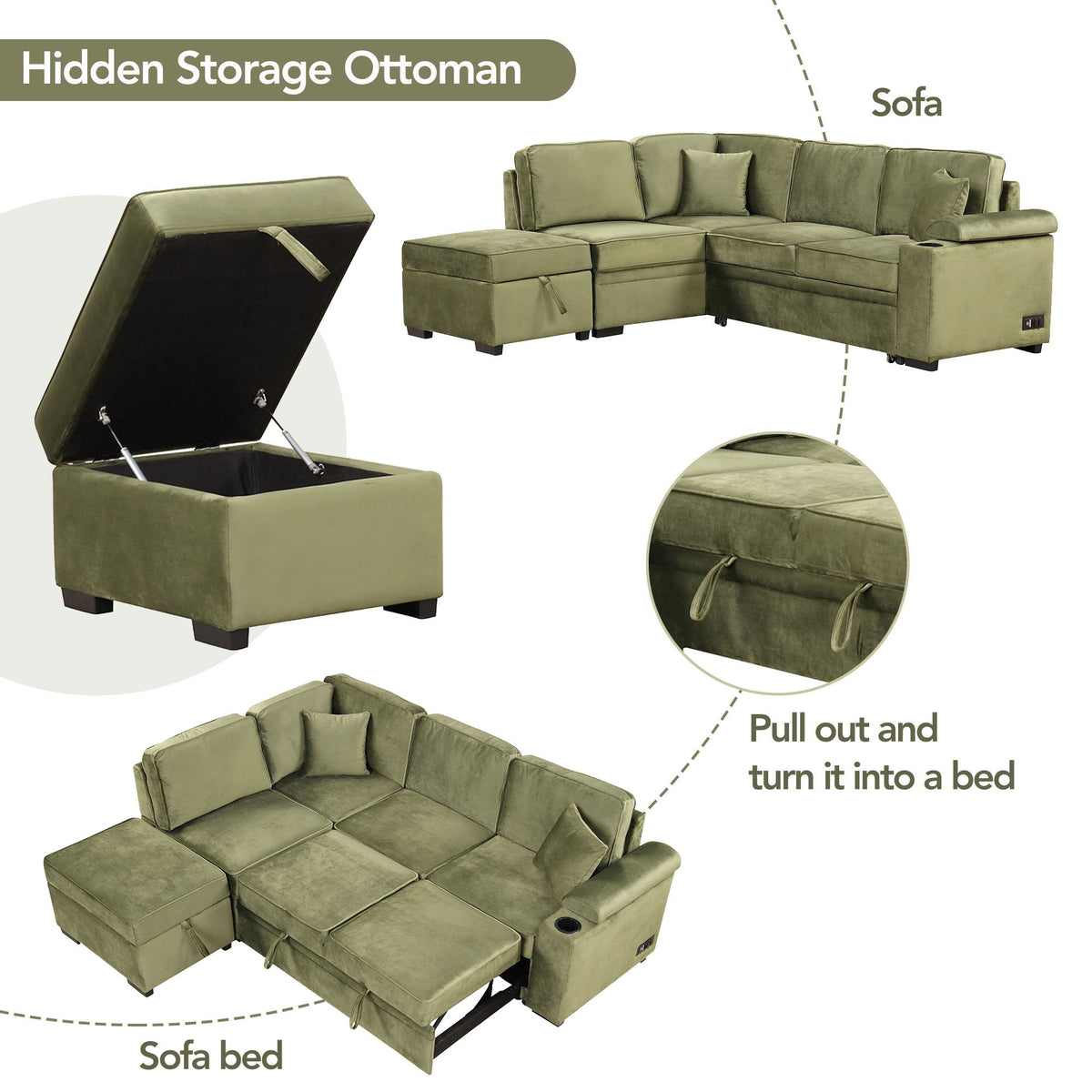 Sleeper Sofa Bed, 2 In 1 Pull Out Sofa Bed L Shape Couch With Storage Ottoman For Living Room, Bedroom Couch - view 11