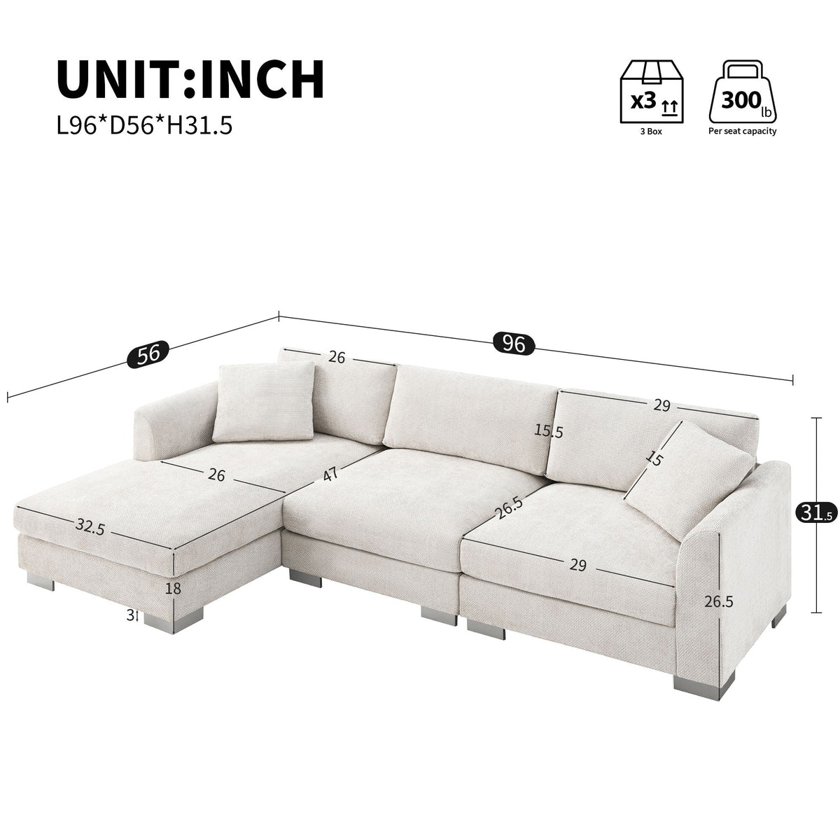 Modern Cloud Sectional Sofa L Shaped Luxury Couch Set With 2 Free Pillows 4 Seat With Oversized Chaise - view 3