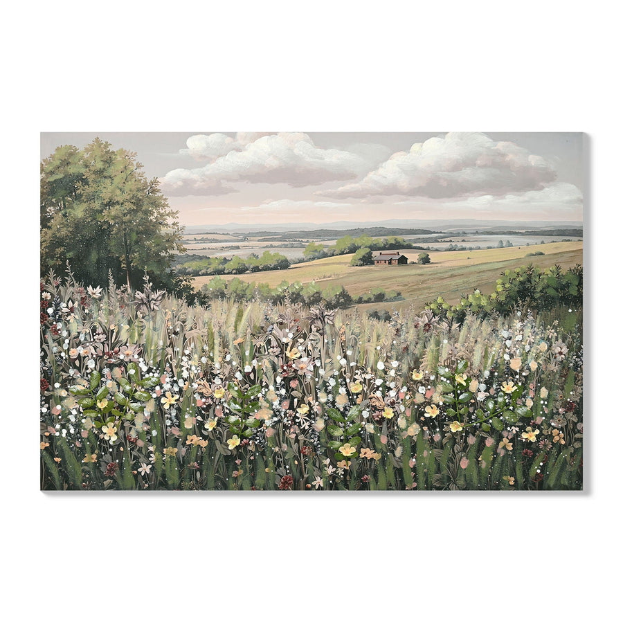 Framed Canvas Wall Art Vintage Landscape with 3D Floral Accents – Green/Ivory