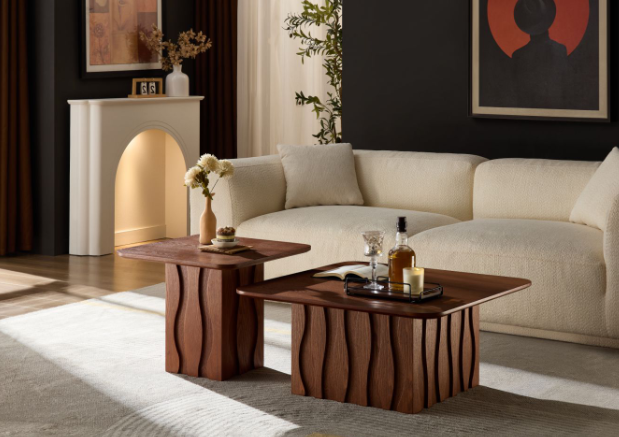 Mid-Century Nesting Square Coffee Table Set with Wavy Fluted Base