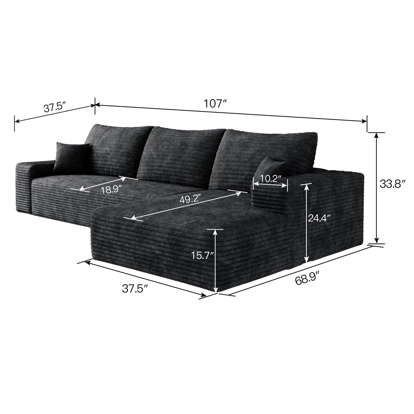 107" Cloud Sectional Couch with L-Shape Chaise, Black Plush Corduroy