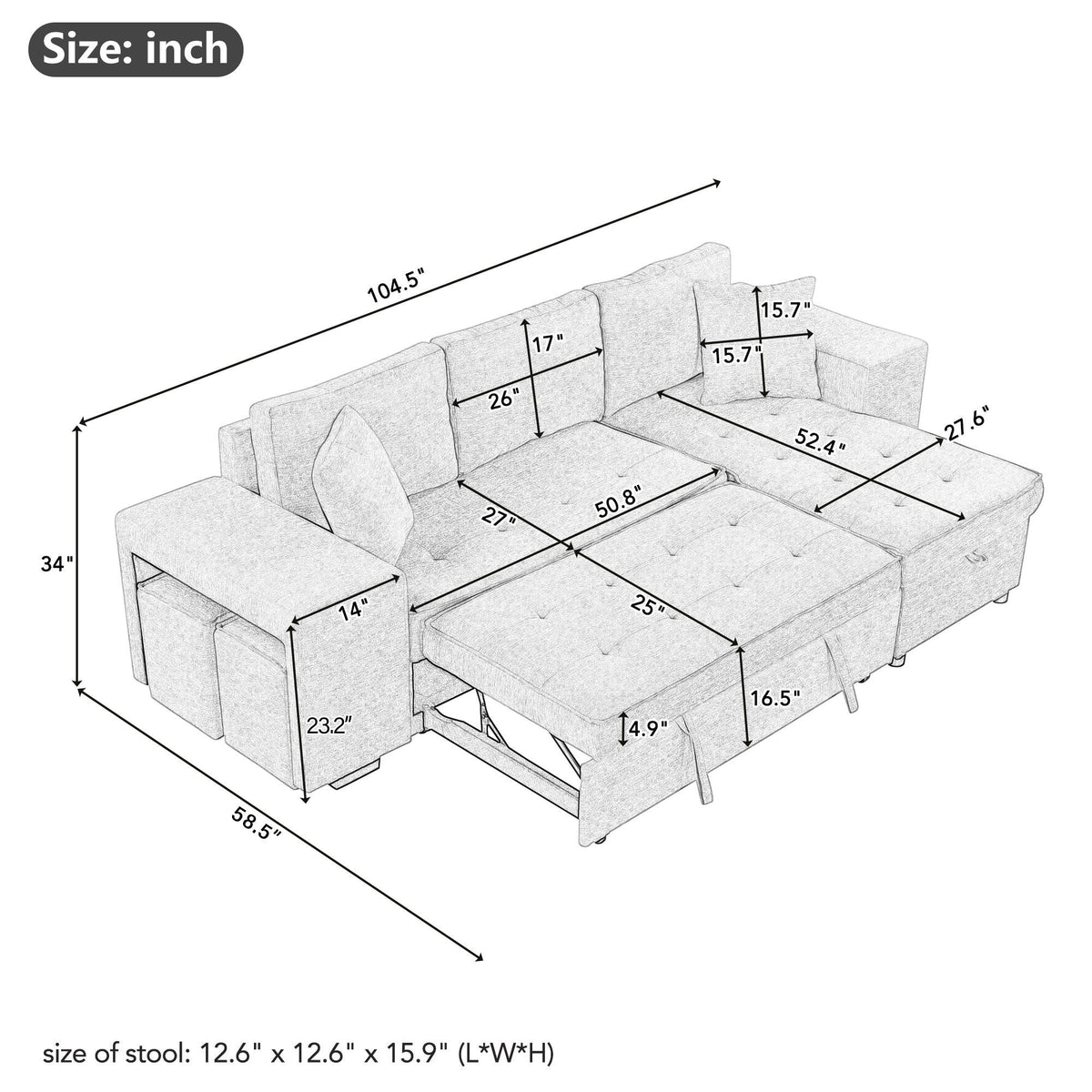 Modern L-Shape 3 Seat Reversible Sectional Couch, Pull Out Sleeper Sofa With Storage Chaise And 2 Stools For - view 8