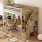 Wood Twin Size Loft Bed with Built-in Desk, LED, Storage Shelves, Cabinets and Staircase