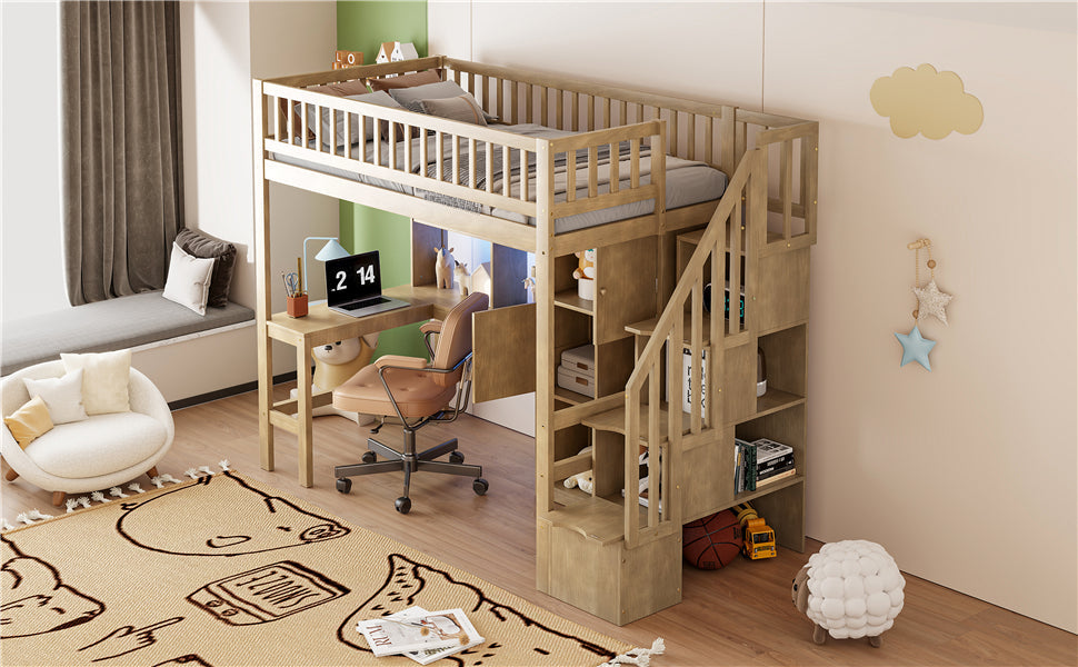 Wood Twin Size Loft Bed with Built-in Desk, LED, Storage Shelves, Cabinets and Staircase