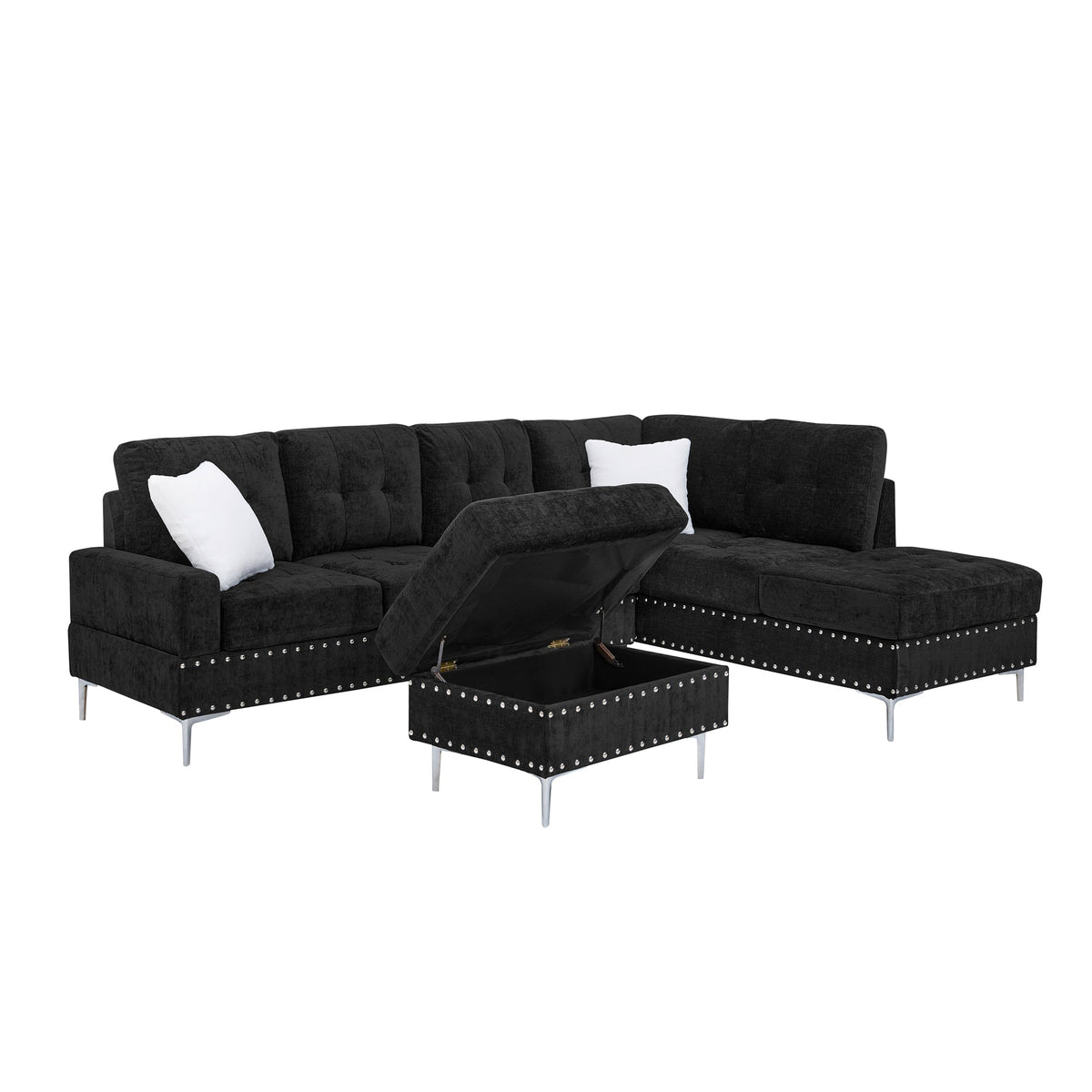 L-Shaped Chenille Sectional Sofa with Chaise and Storage Ottoman