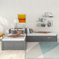 L-Shaped Platform Bed with Trundle and Built-In Desk - Gray