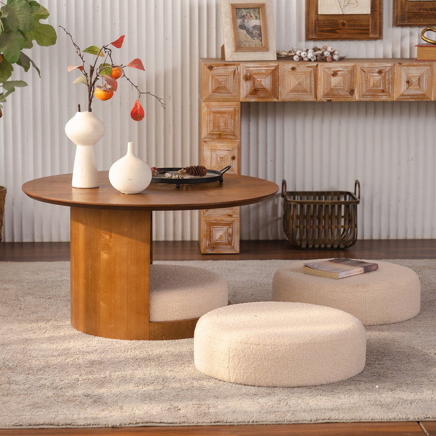 31.5" Round Wood Coffee Table with 3 Teddy Fabric Nesting Stools - Walnut