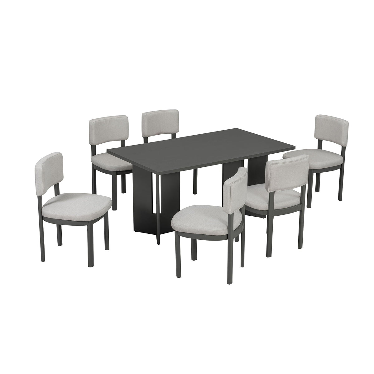 Dining Table Set With 6 Upholstered Chairs, Rectangular Table With Cutout Legs - view 2