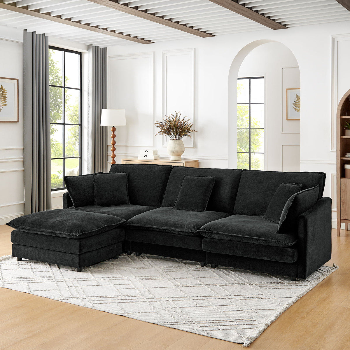 L-Shaped Sectional Sofa With Ottoman, Convertible 4 Seater Couch - view 5