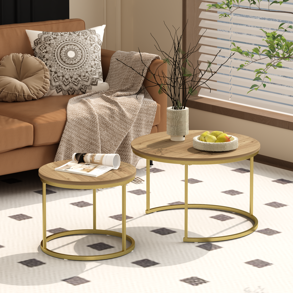 27.6in Nesting Coffee Table Set of 2 with Wood Top and Metal Frame