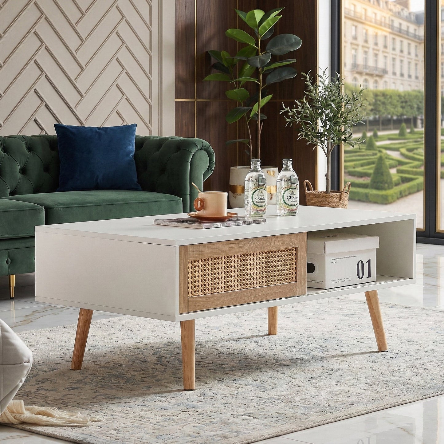 41.34" Rattan Coffee Table with Sliding Door Storage