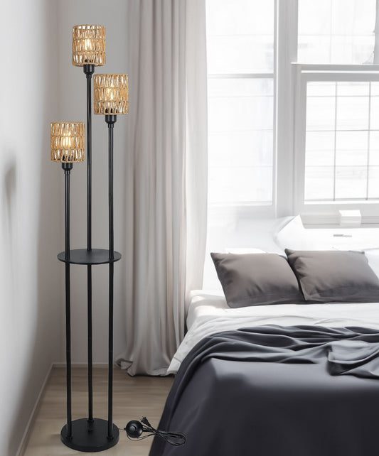 Boho Floor Lamp Shelves Rattan Shades 3-Light