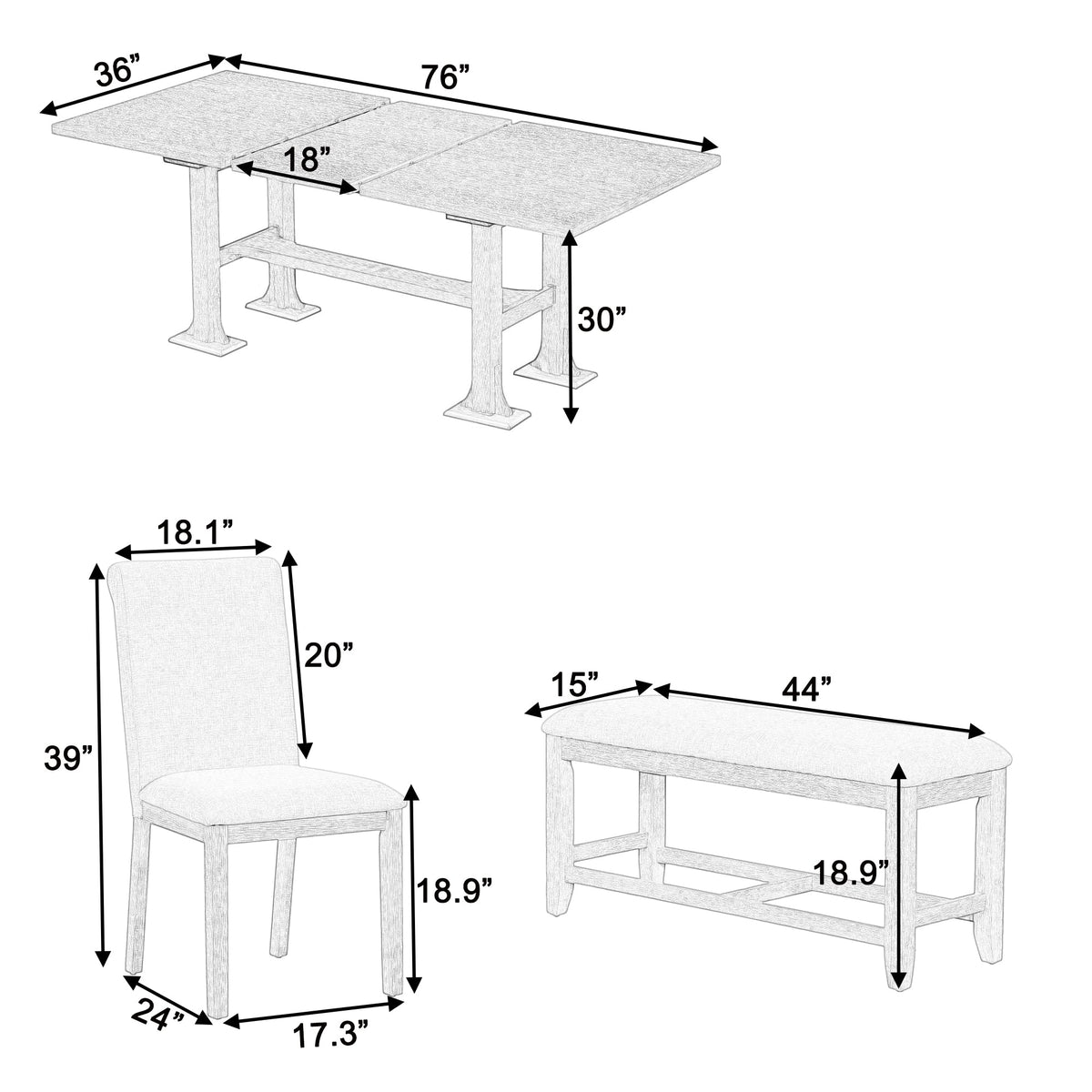 Artisanal 6-Piece Extendable Solid Wood Dining Set with Bench Seating