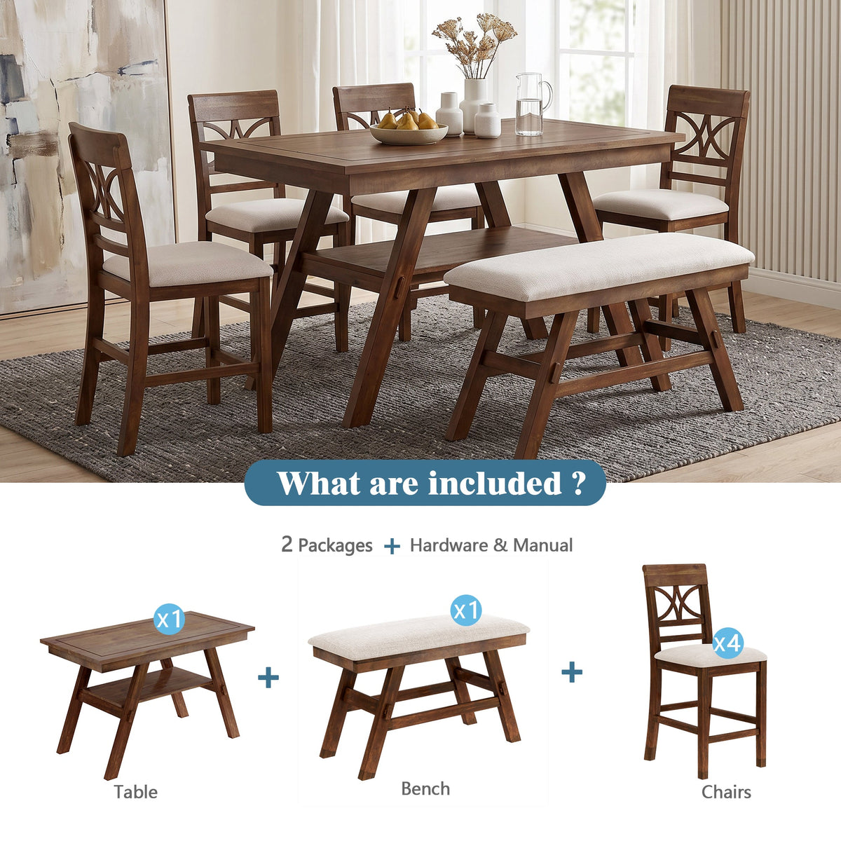 TOPMAX 6-Piece Wood Counter Height Dining Table Set