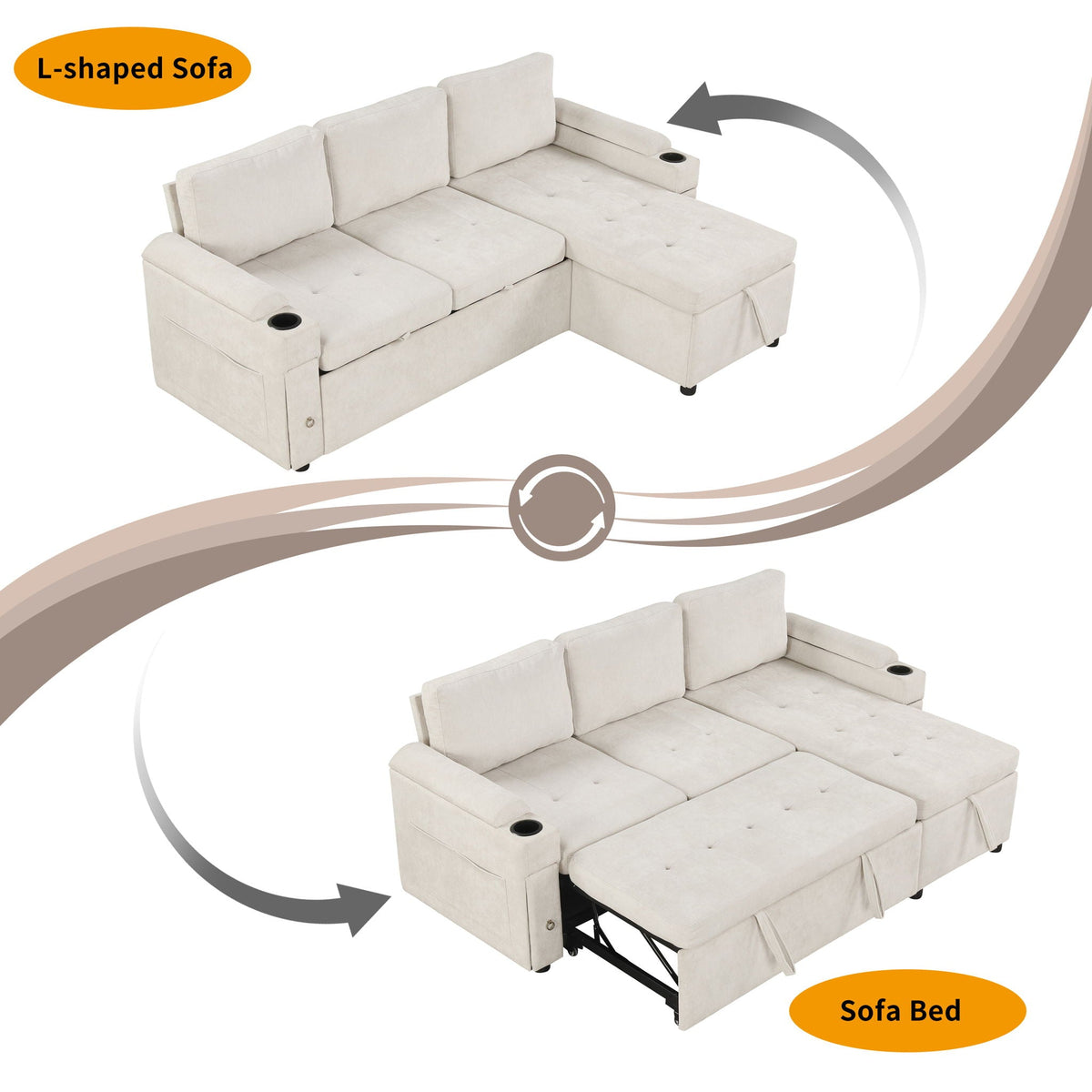 Convertible L Shaped Sofa Couch With Storage, Cup Holders, USB Ports - view 8