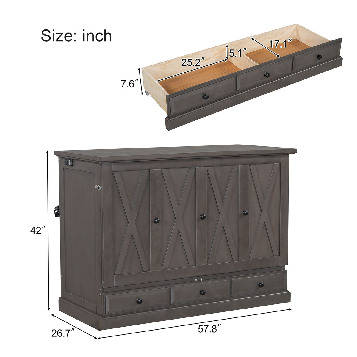 Solid Pine Murphy Bed Chest Cube Cabinet Bed With Charging Station And Large Storage Drawer For Home Office - view 9