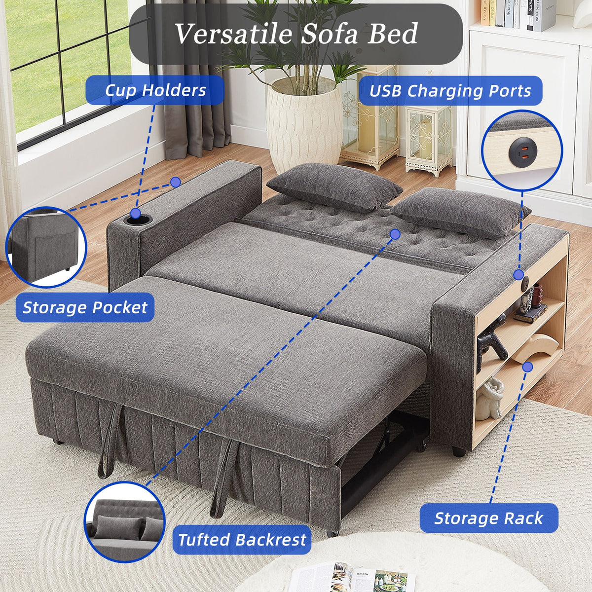 Pull-Out Sofa Bed Convertible Couch With Adjustable Backrest For Living Room - view 9