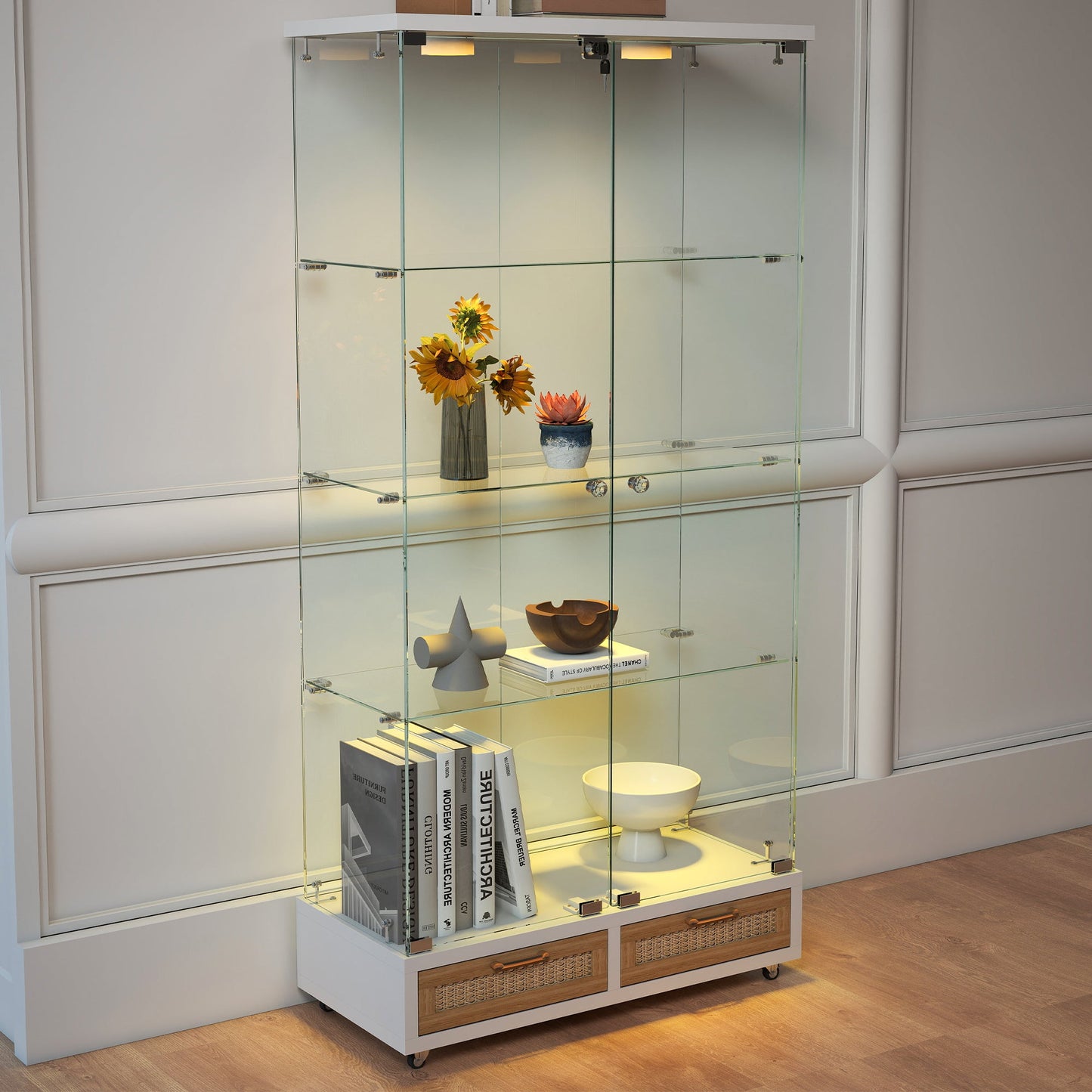 Modern Glass Display Cabinet with Large Drawers