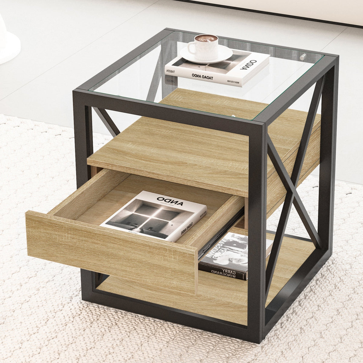 1 Piece Modern End Table with Drawer - Natural Wood & Tempered Glass