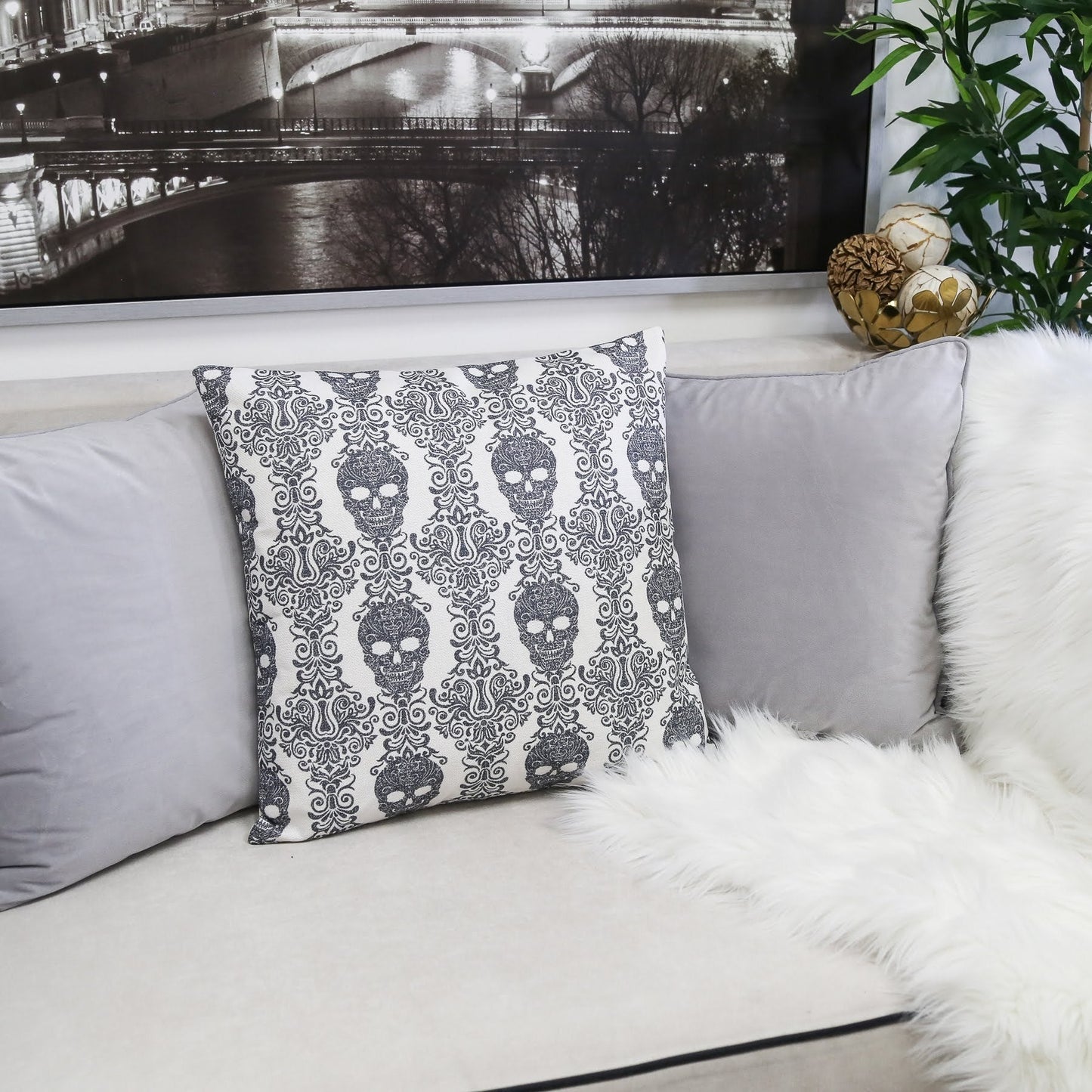 Gothic Damask Skull Throw Pillow – Black & White Cotton Linen