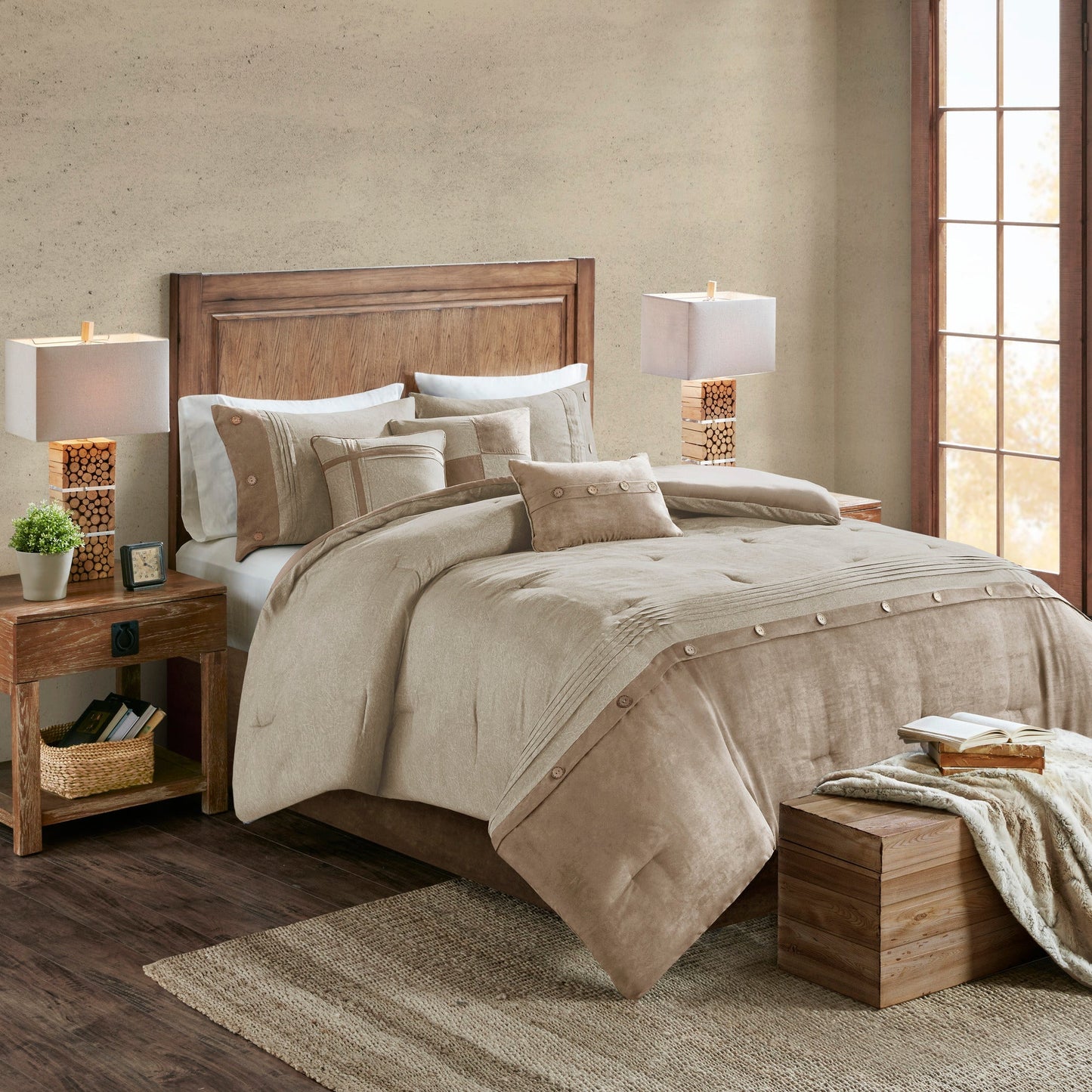 7 Piece Faux Suede Comforter Set Tan California King