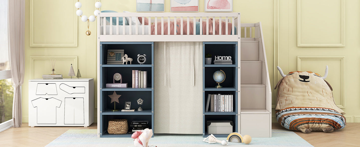 Full Size Loft Bed with 2 Four-layer Storage Cabinets and Curtain