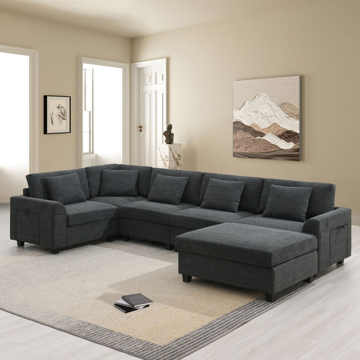 U Shaped Sectional Sofa 6 Seat Couch Set With Oversized Ottoman, Hidden Armrest Storage And Cup Holders USB - view 4