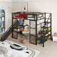 Full Size Metal Loft Bed with Built-in Desk, Open Wardrobe, Basketball Hoop, Slide and Staircase
