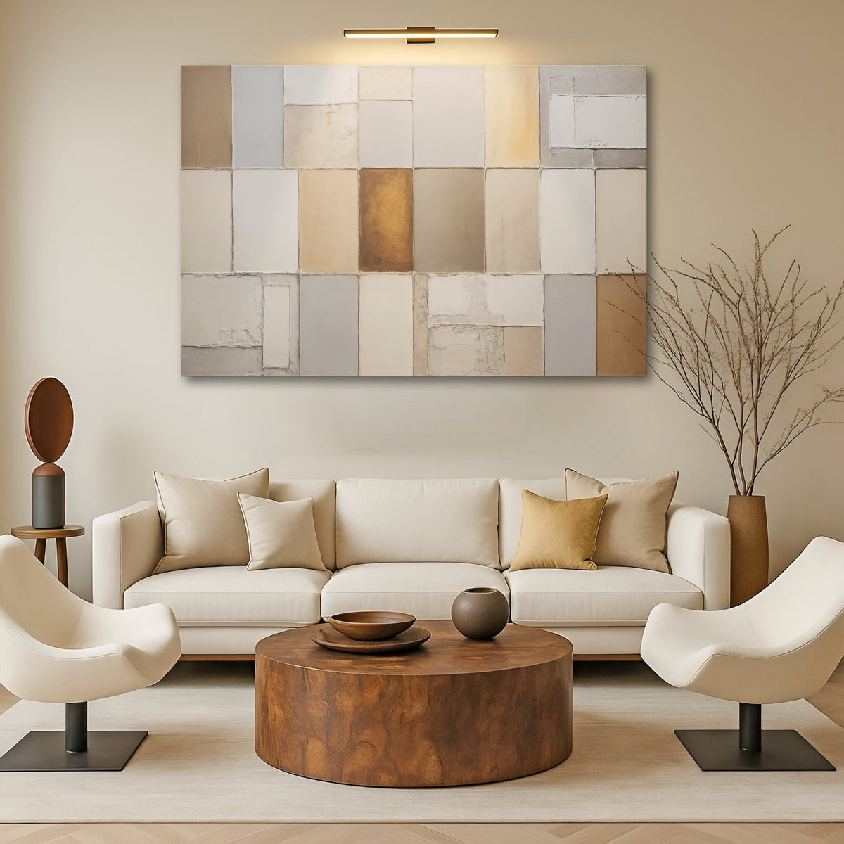 Earth Tones canvas print in a styled merchant room photograph; not a scale guide